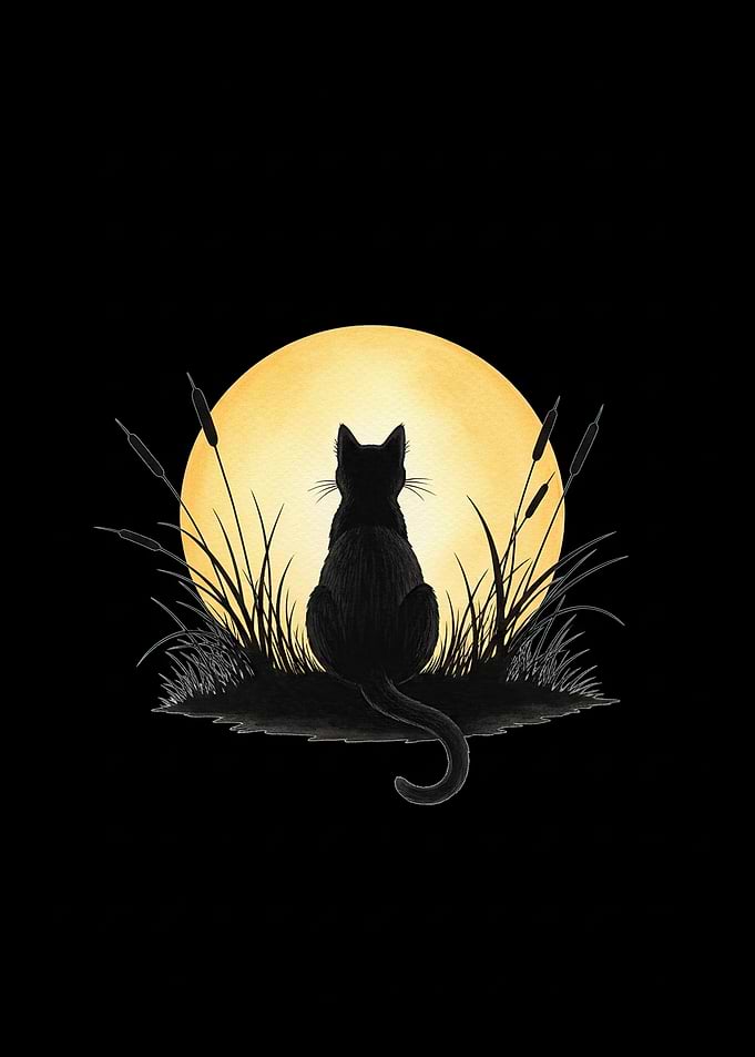 Black cat silhouetted against a full moon