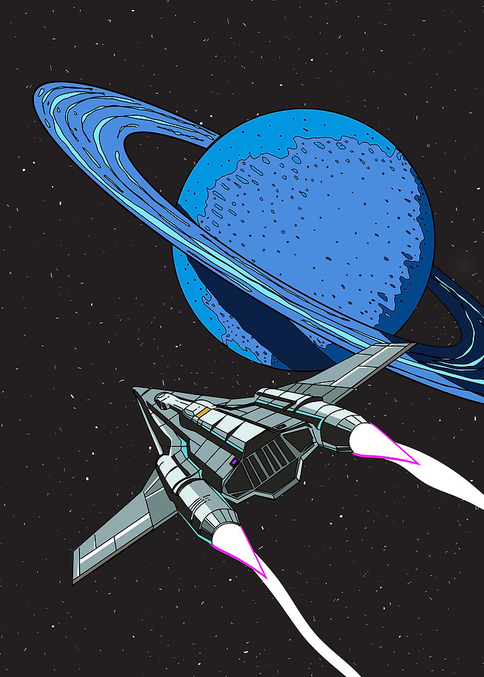 Spaceship flying past a ringed planet