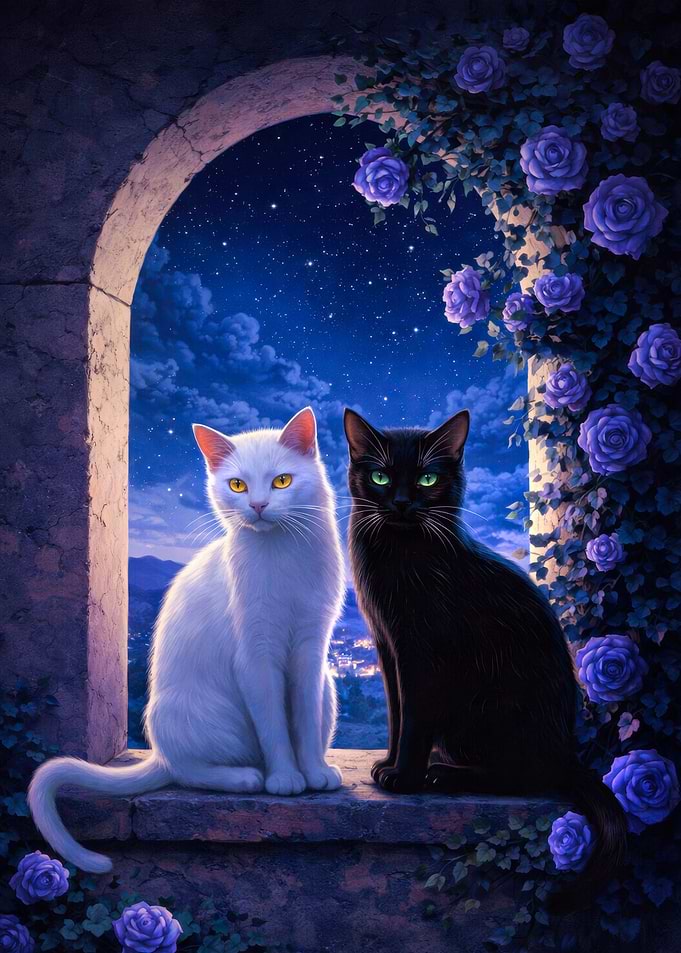 Two Cats on a Balcony at Night