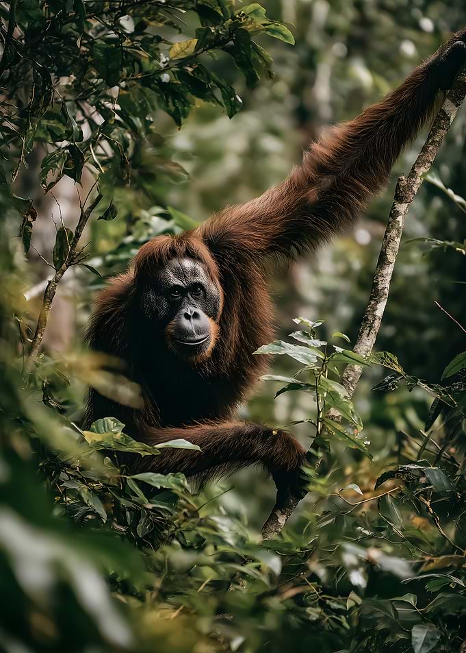 Orangutan in lush green forest