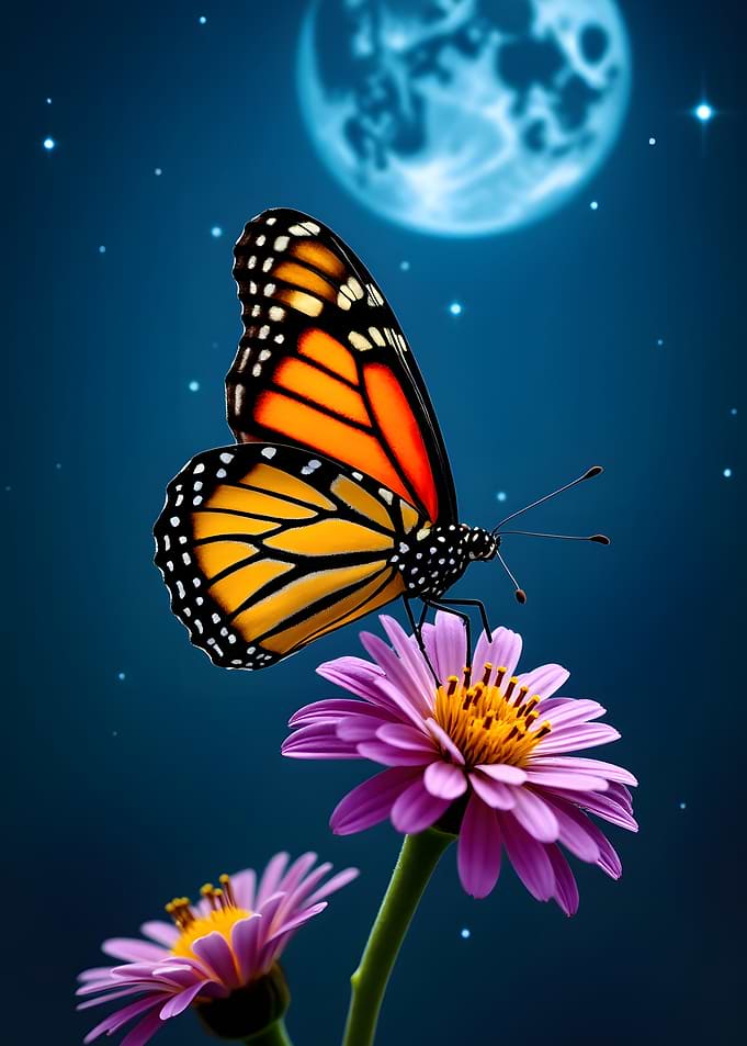 Monarch Butterfly on Purple Flower Under Moon