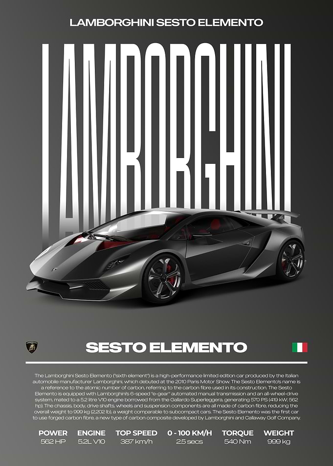 Lamborghini Sesto Elemento Car Poster