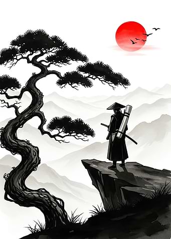 Samurai overlooking a misty landscape