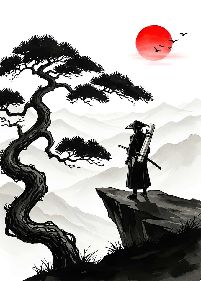 Samurai overlooking a misty landscape