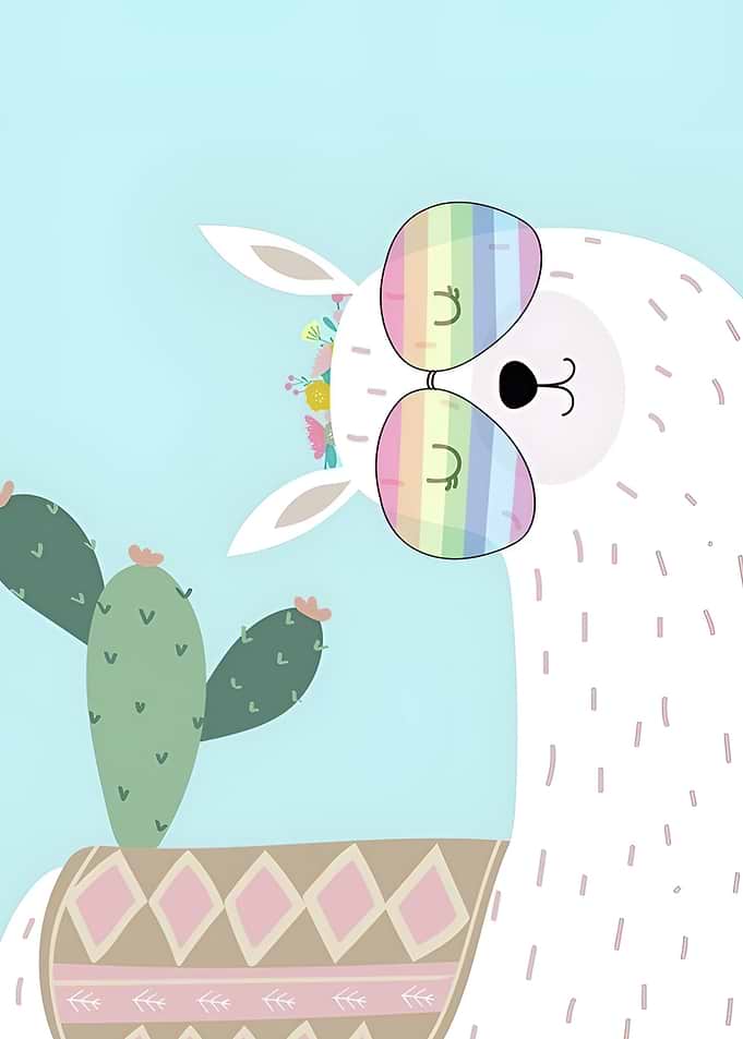 Cute Llama with Rainbow Sunglasses and Cactus