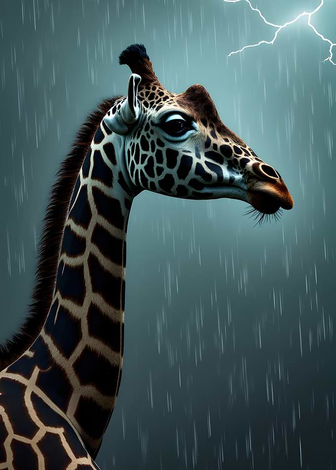 Giraffe in a thunderstorm