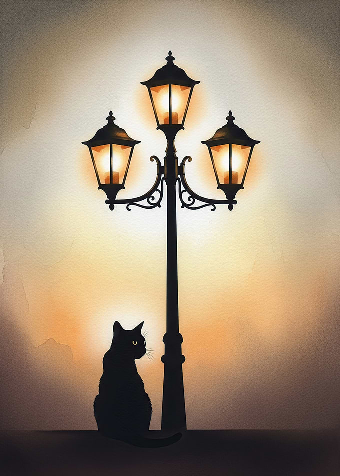 Black Cat Under Street Lamp