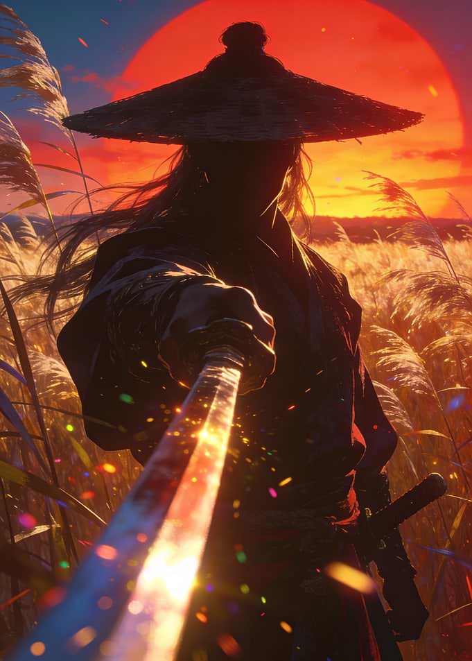 Samurai in a field at sunset