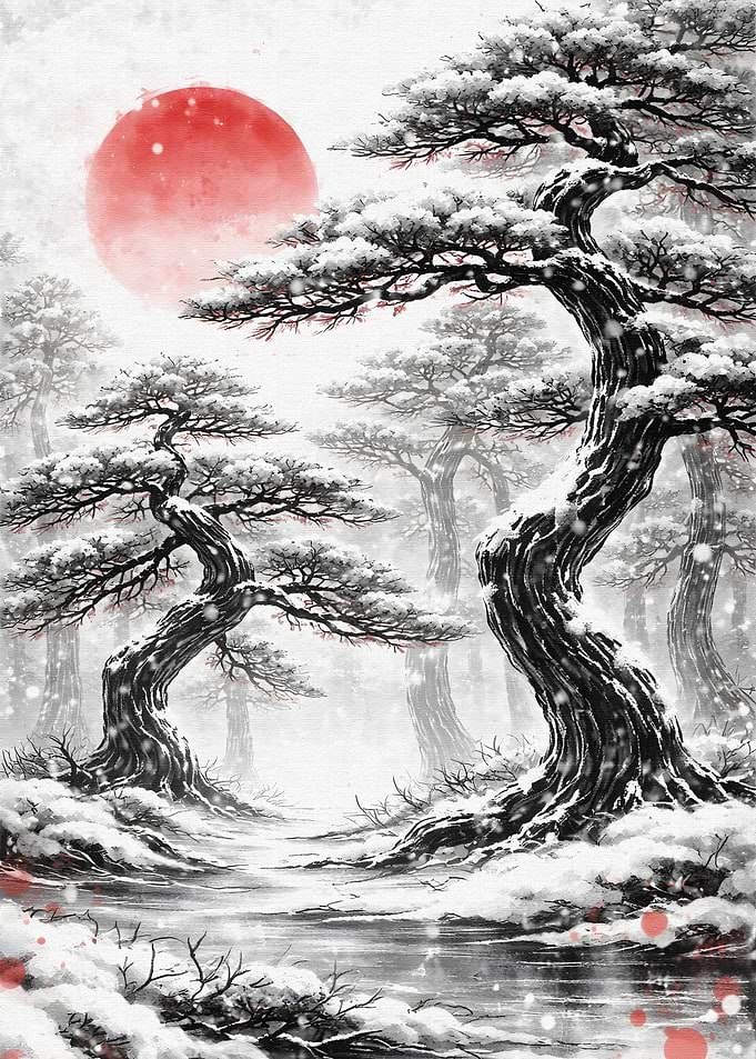 Snowy Pine Forest with Red Sun