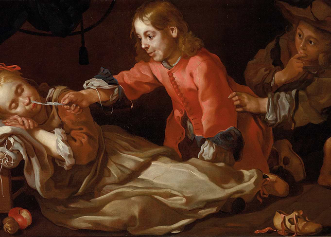Children playing a prank on a sleeping child