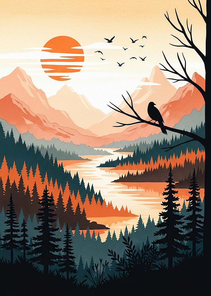 Serene Mountain River Landscape with Bird