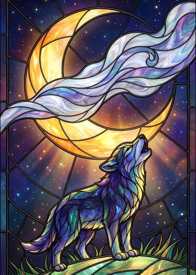 Stained Glass Wolf Howling at Moon