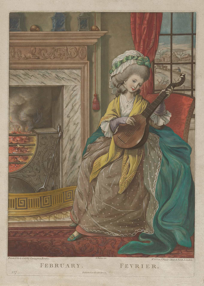 February Woman Playing Lute by Fireplace