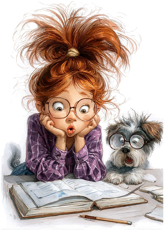 Girl and Dog Studying with Glasses