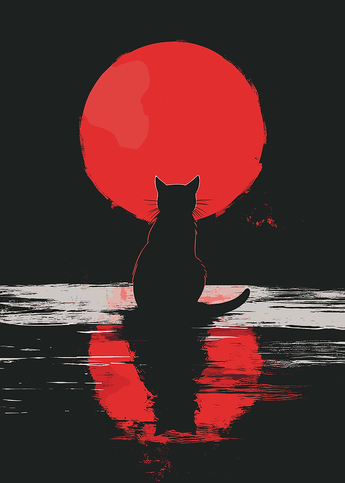 Cat silhouetted against a red moon