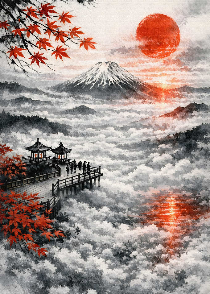 Mount Fuji Sunrise Over Clouds