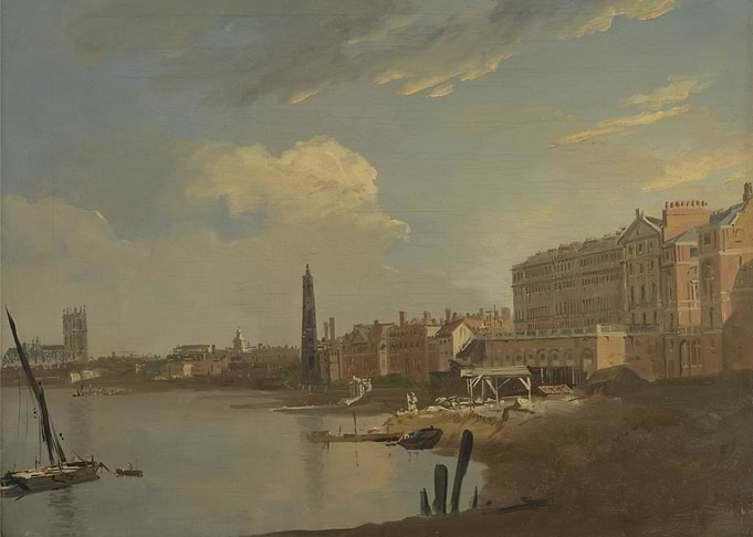 Riverfront Cityscape with Sailboat