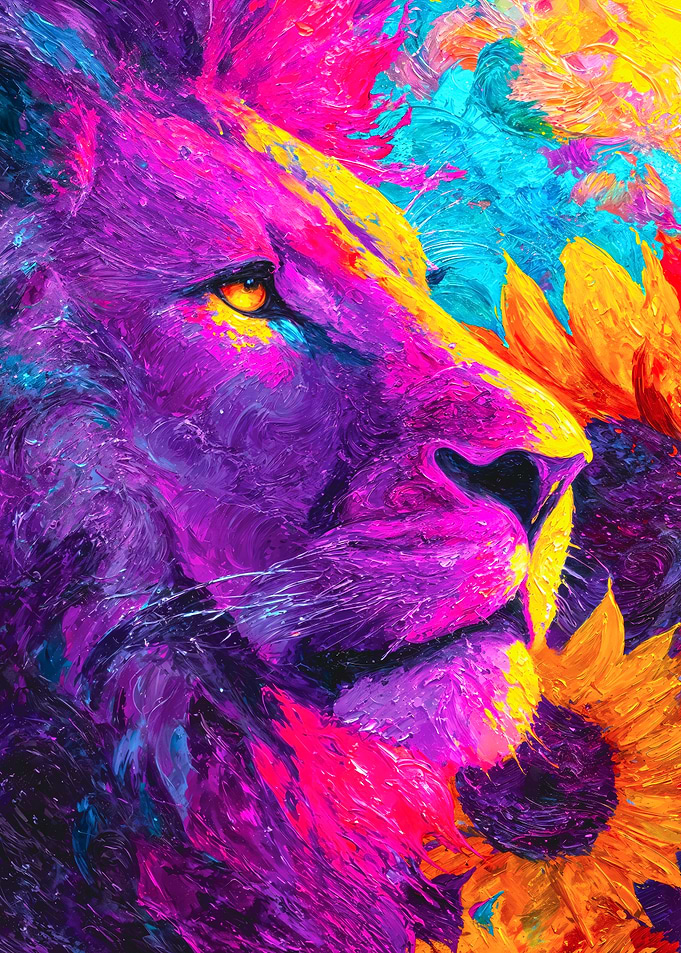 Vibrant Impasto Lion Sunflower Painting
