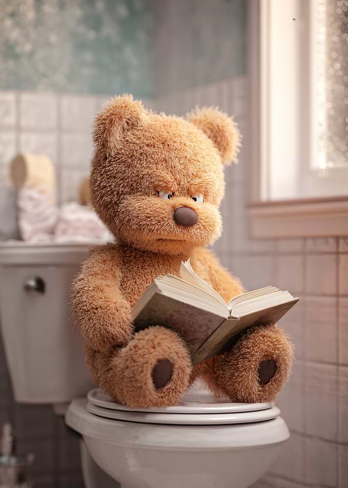 Teddy Bear Reading on Toilet