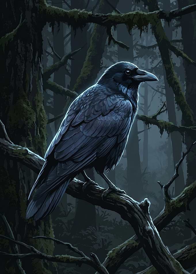 Raven perched in a dark forest