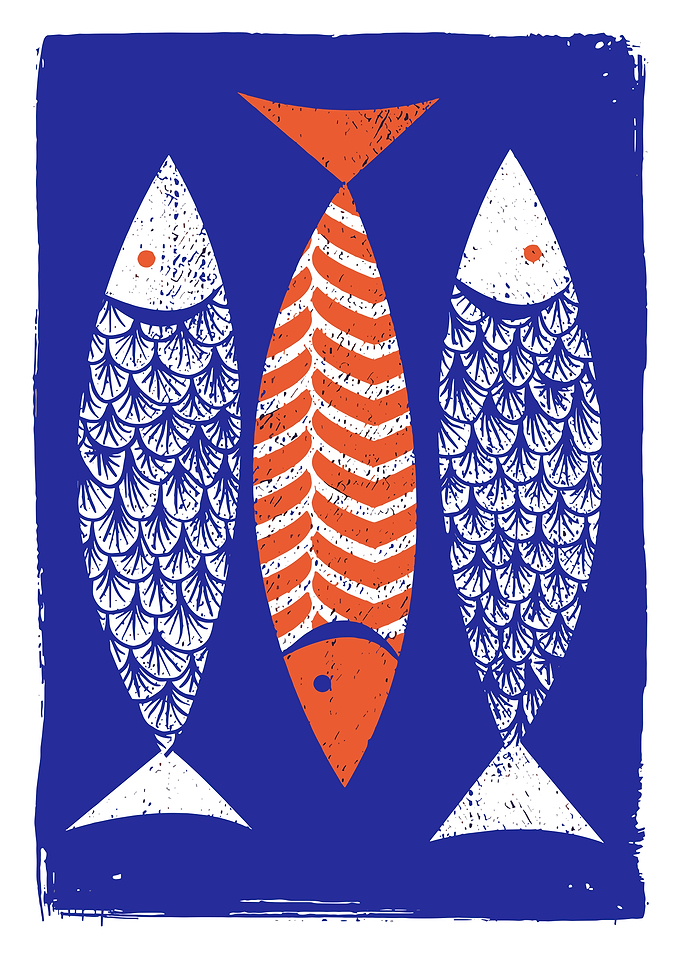 Three Stylized Fish on Blue Background