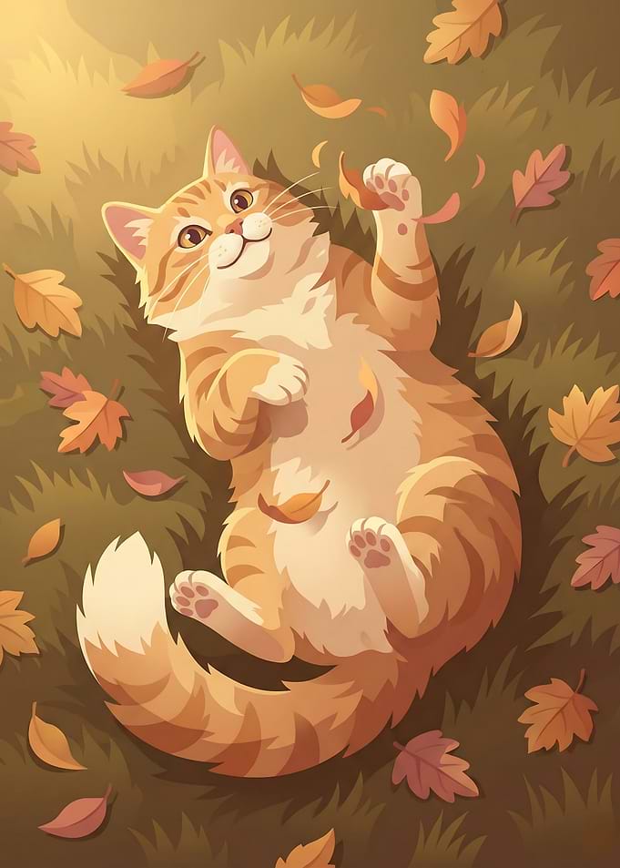 Chubby Orange Cat Playing in Autumn Leaves