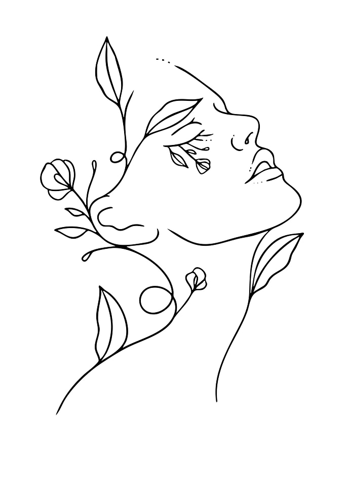 Line Art Woman with Flowers