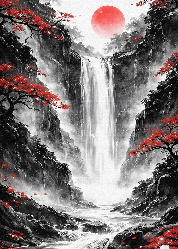 Japanese Waterfall with Red Sun