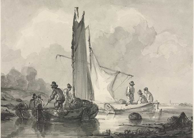 Fishermen in Boats with Sailboat