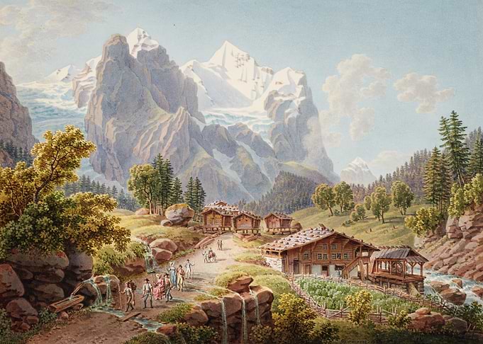 Alpine Village with Glacier and Mountains