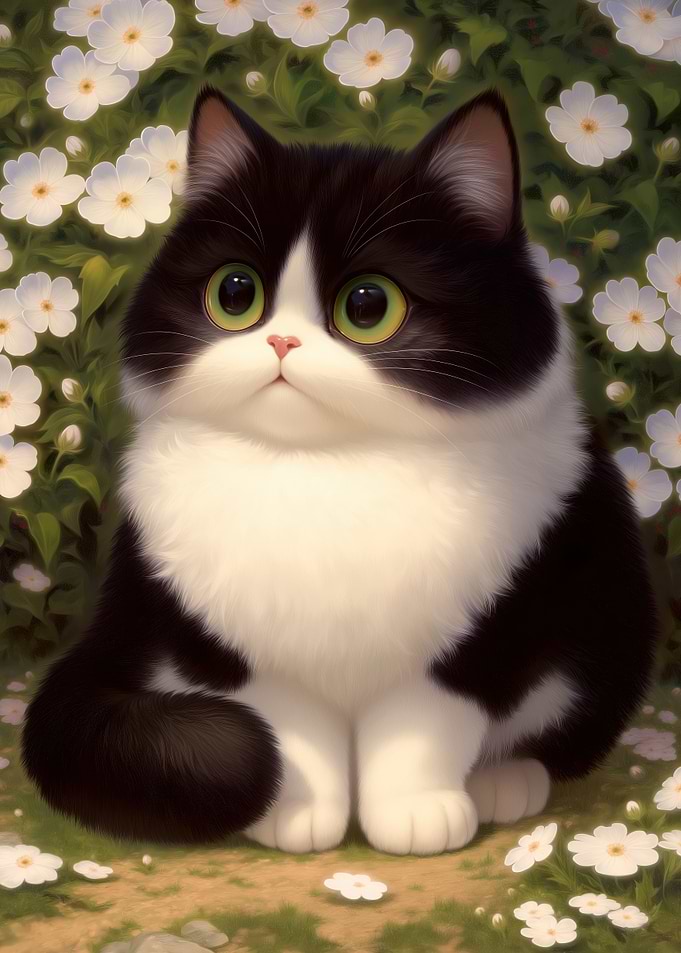 Cute Tuxedo Cat in Flowers