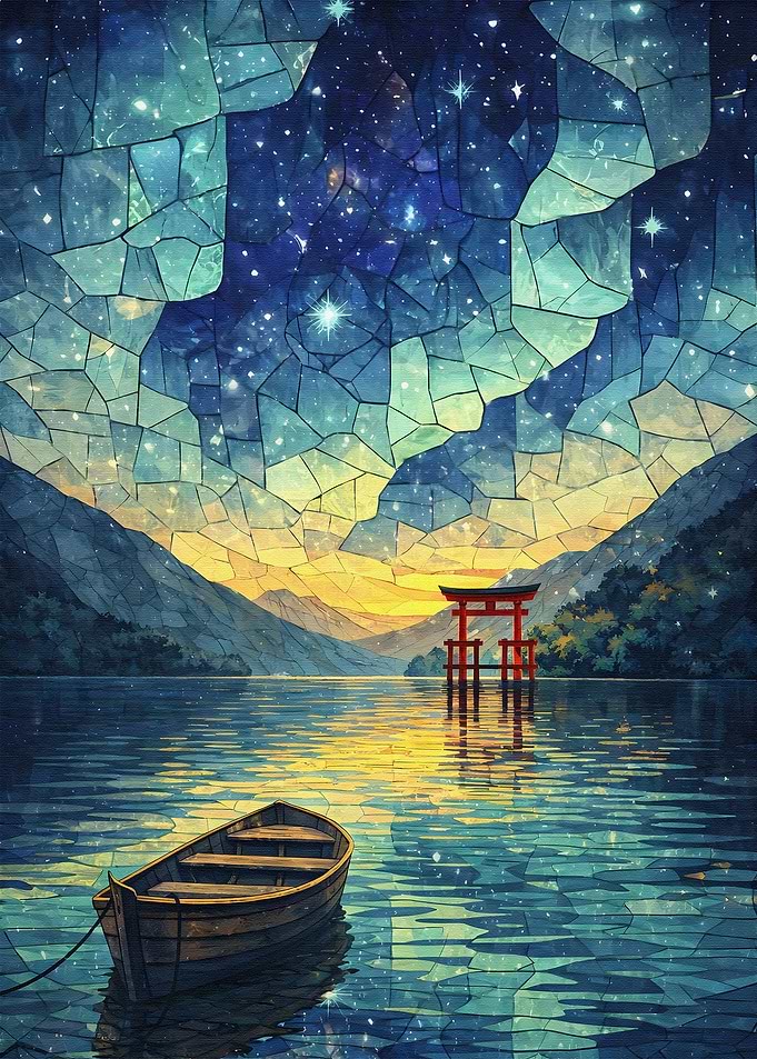 Tranquil Torii Gate at Starlit Lake