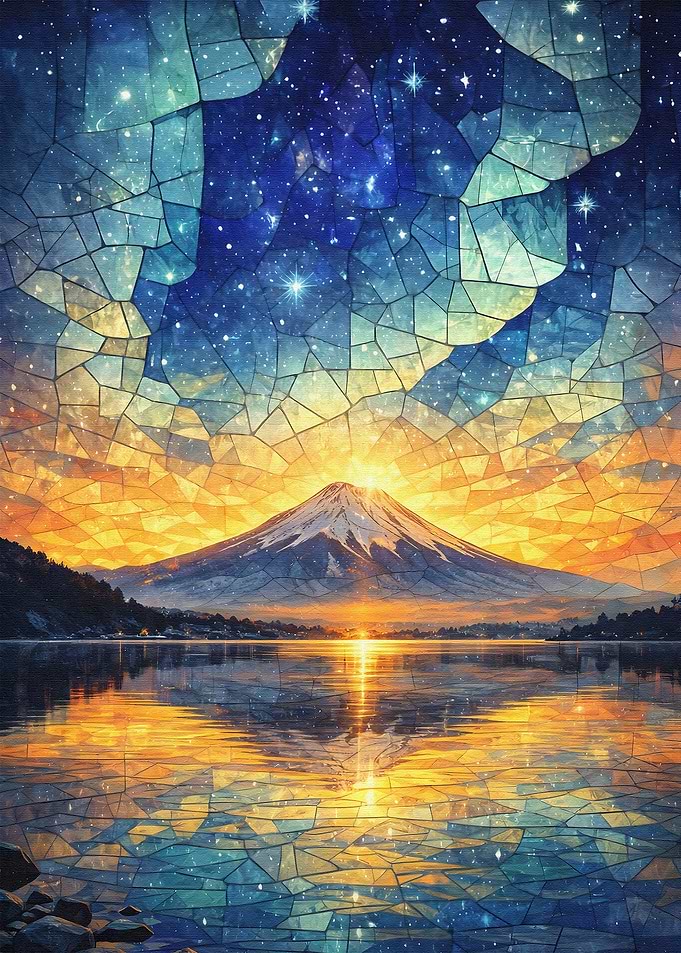 Stained Glass Mountain Sunrise Reflection