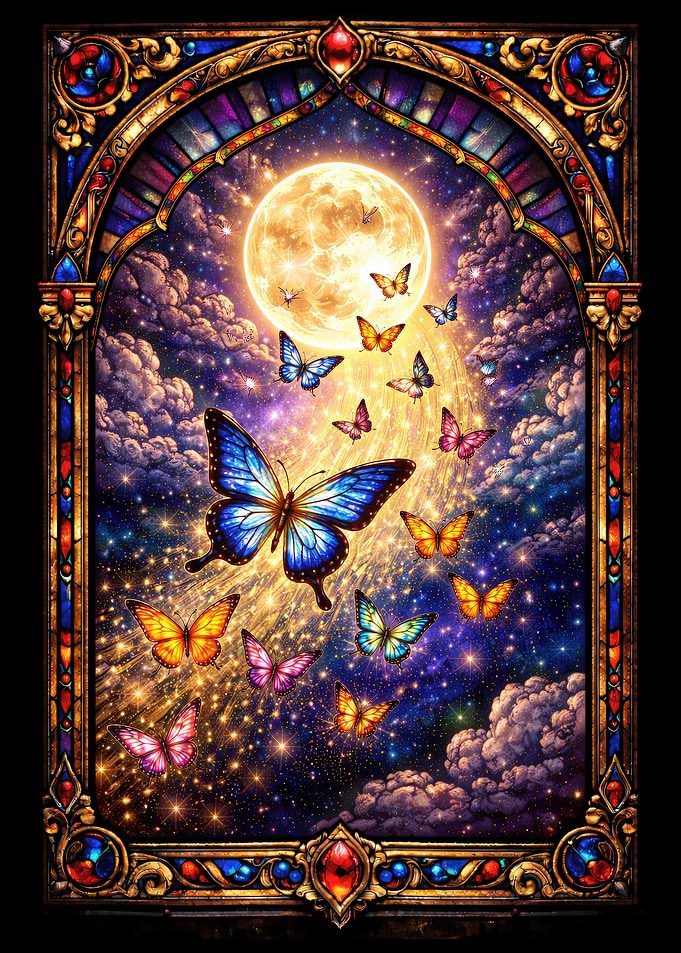 Moonlit Butterflies in Stained Glass