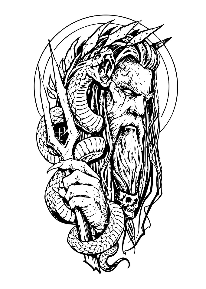 Dark Fantasy Warrior with Serpent and Trident