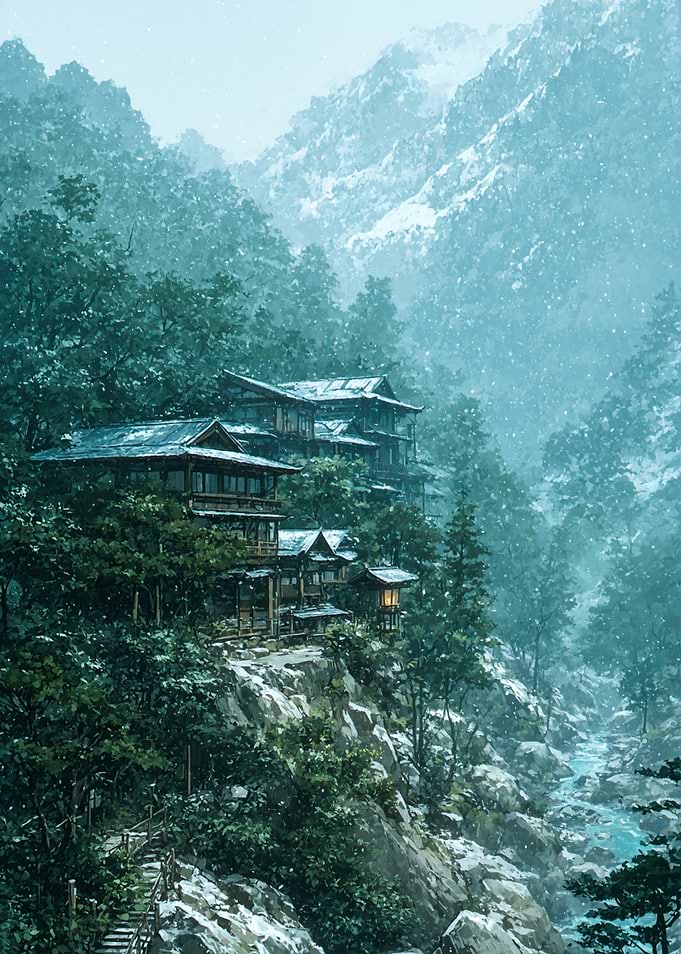 Snowy Mountain Village by a River