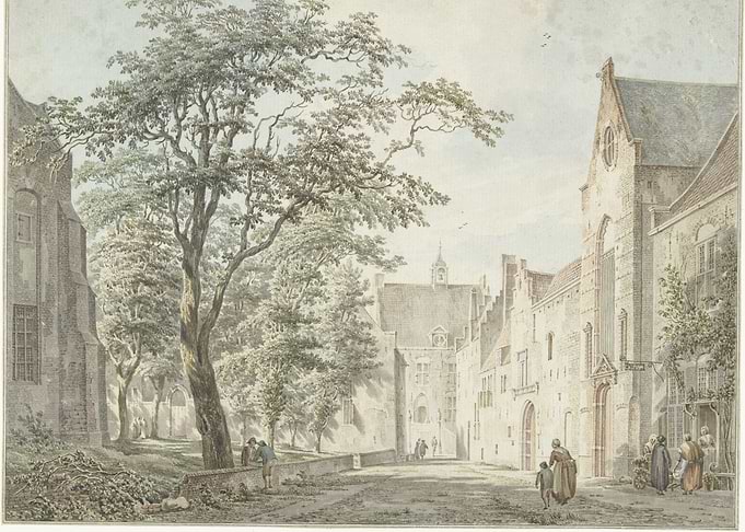Courtyard with figures and trees