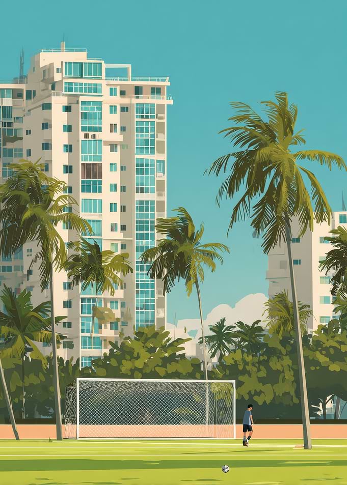 Soccer field with buildings and palm trees