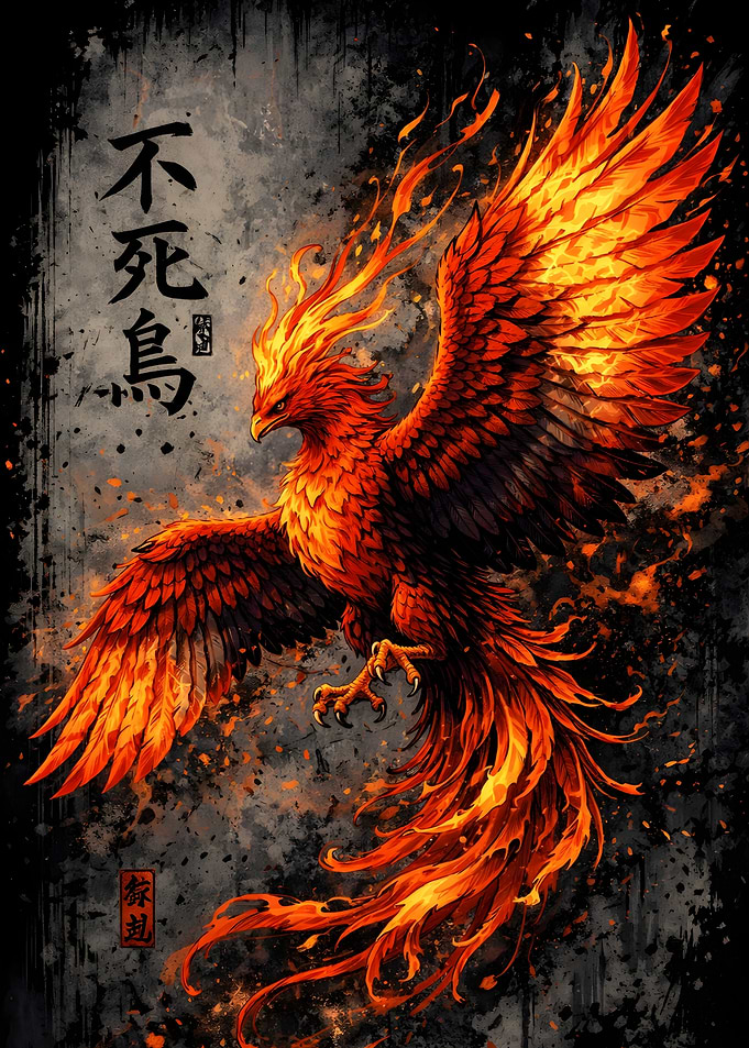 Fiery Phoenix with Japanese Text