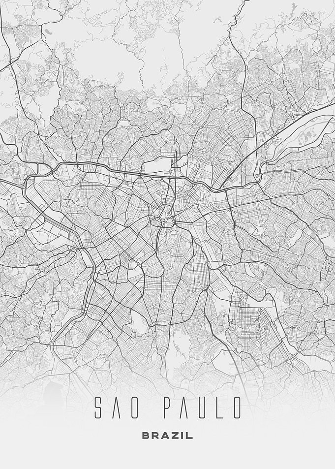Sao Paulo, Brazil - Minimal White City Streets Map, Wall Art Print