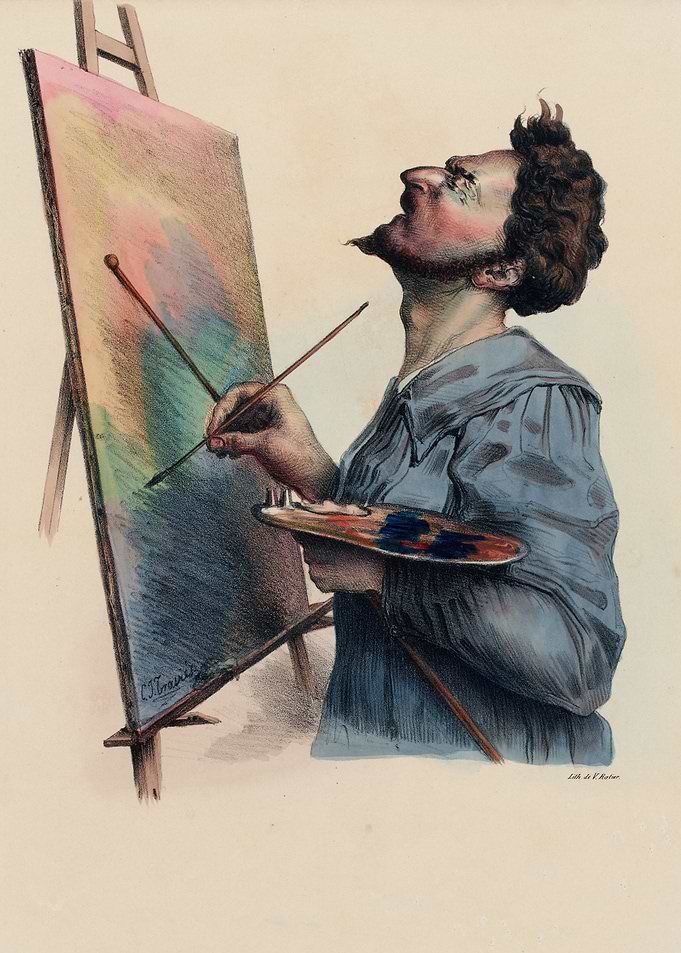 Artist painting a colorful abstract canvas