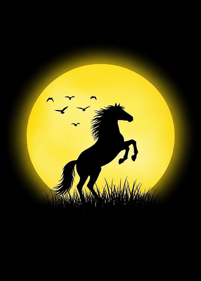 Silhouette of a horse rearing up against a full moon