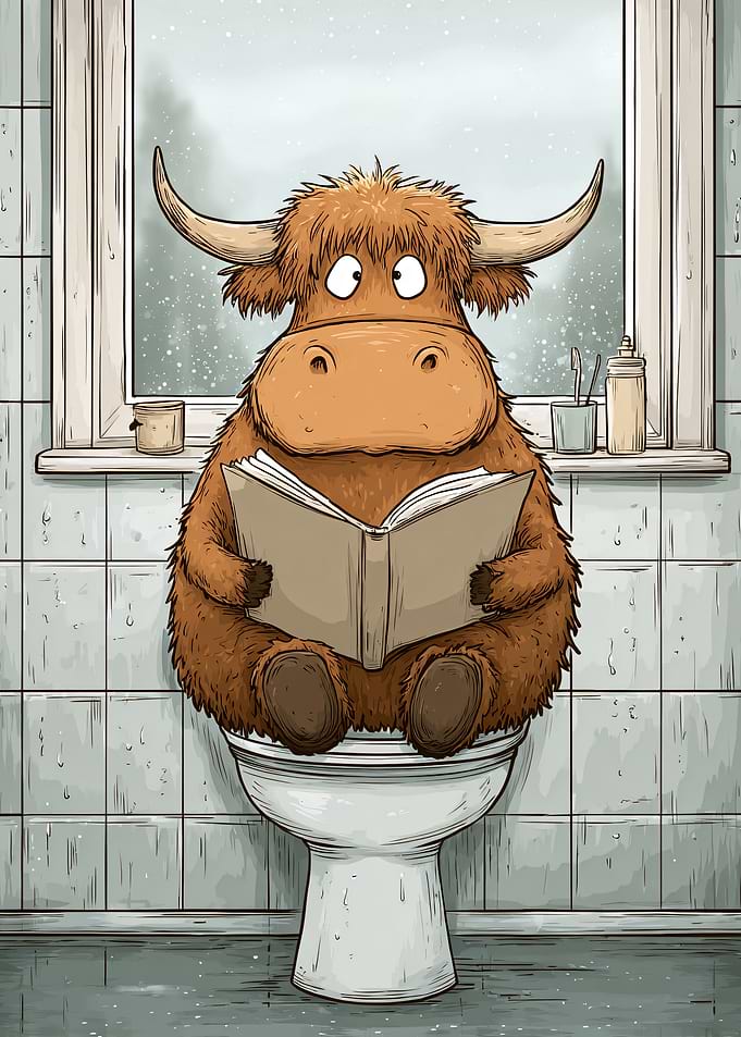 Highland Cow Reading on Toilet