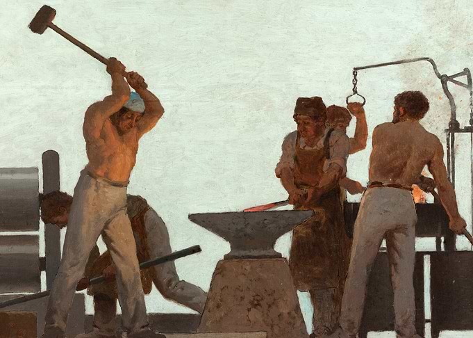 Blacksmiths working at an anvil