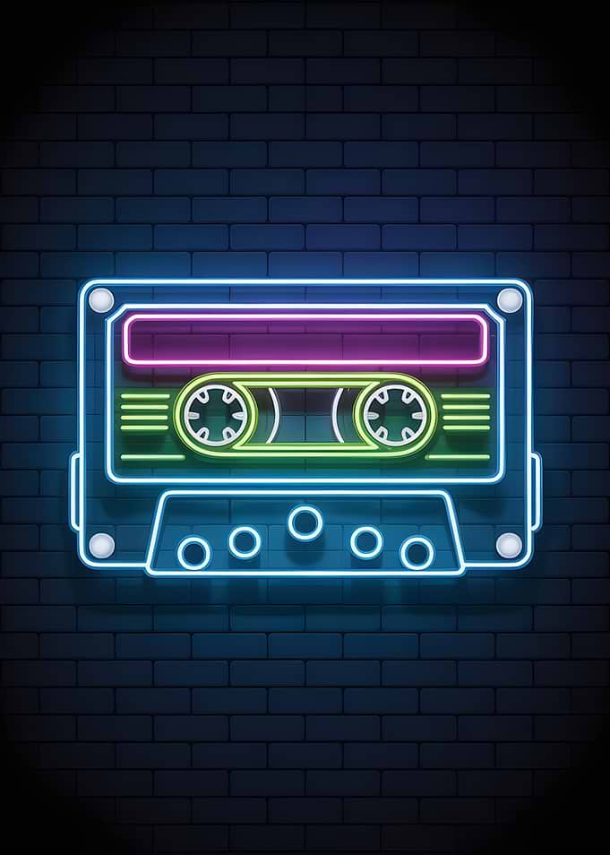 Neon Cassette Tape on Brick Wall