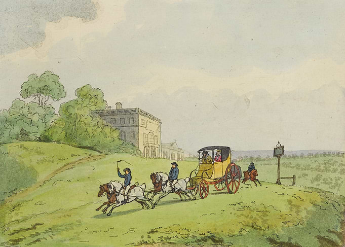 Horse-drawn carriage near a manor house