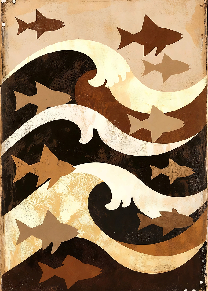 Fish swimming through stylized waves
