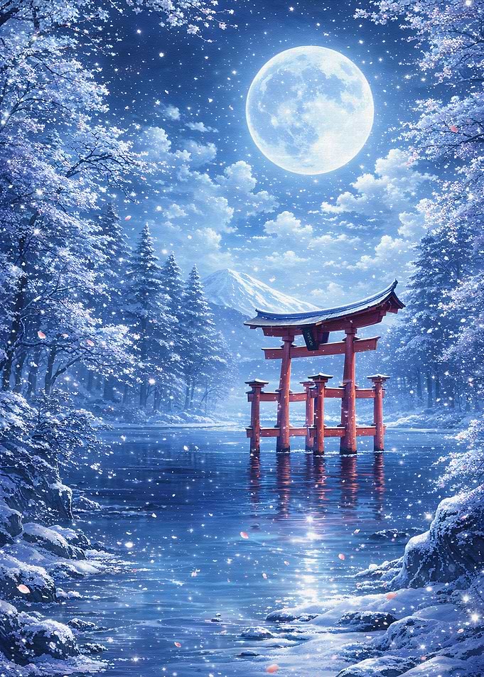 Winter Torii Gate Under Full Moon