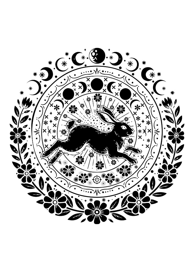 Black Rabbit Mandala with Moon Phases