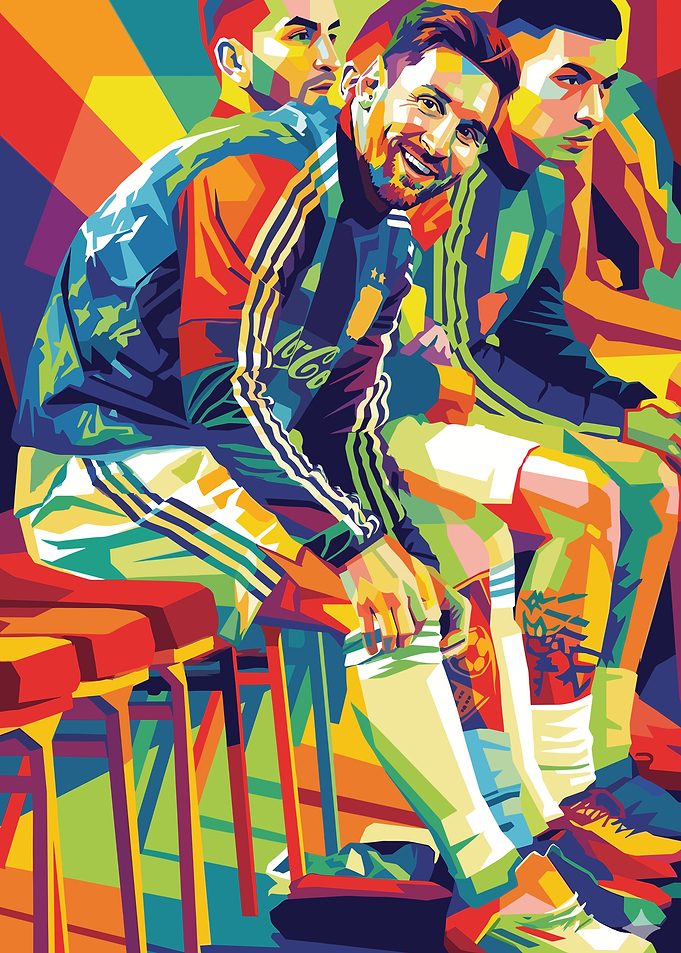Lionel Messi and teammates in vibrant pop art style